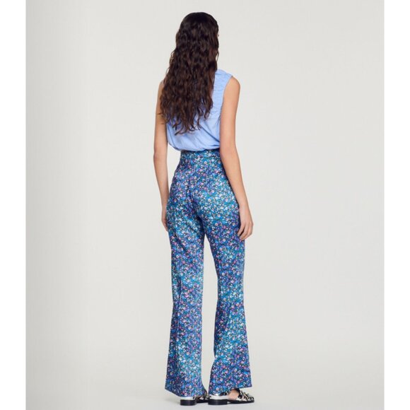 Sandro | Donelo Satin Floral Print Flare Pants In Purple/Blue - Picture 5 of 16